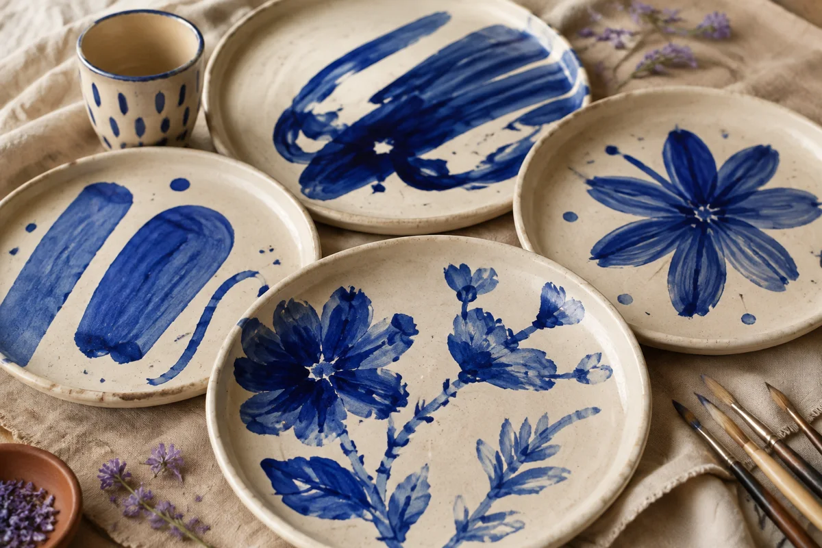 AI illustration: cream pottery with blue painted patterns and brushes on linen